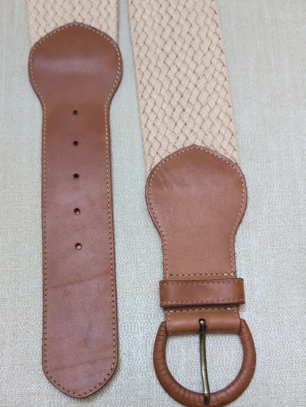 J. McLaughlin Brown Leather-Trim Wide Woven Belt Coastal Preppy Size L/XL